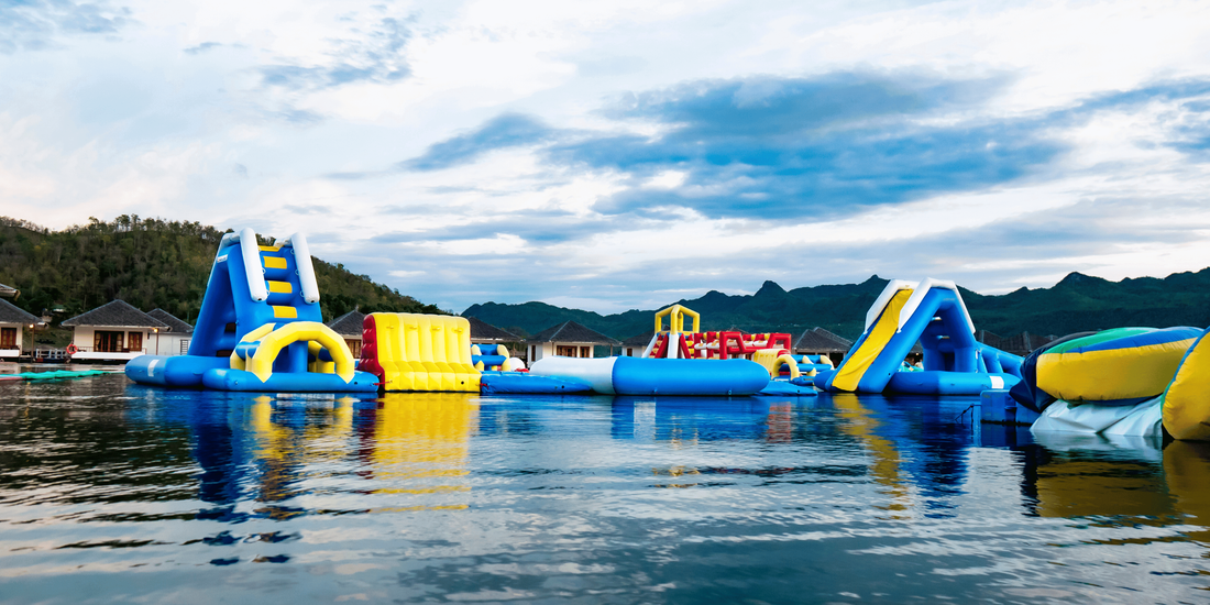 Inflatable obstacle course on lake